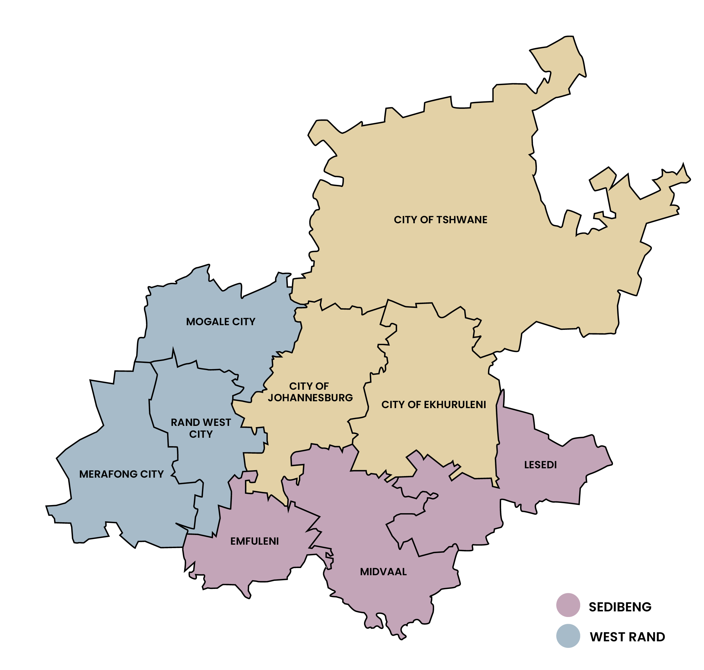 Figure 1 — Map of Gauteng with districts, metros and local municipalities